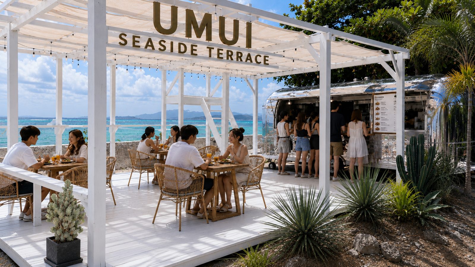UMUI Seaside Terrace の日中のテラス席と海